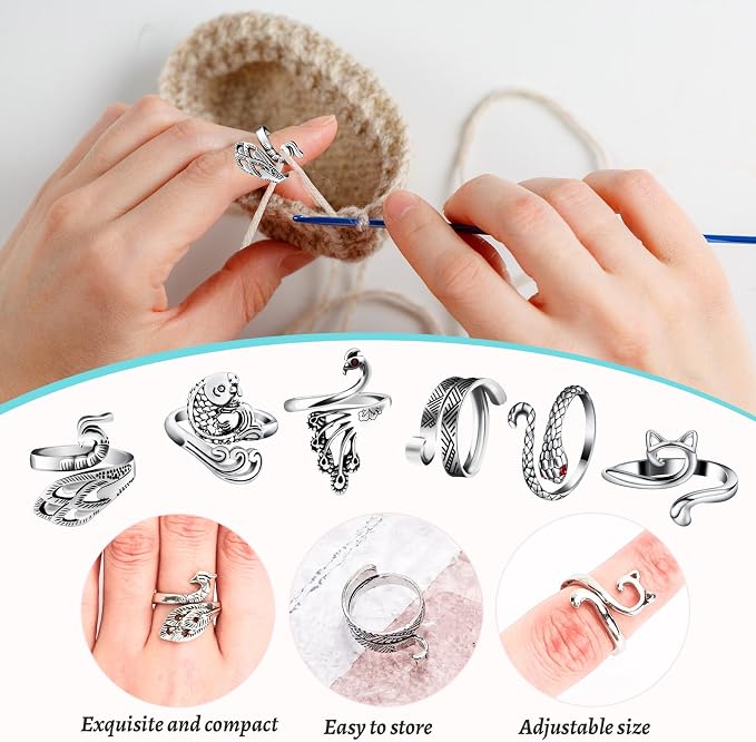 6Pcs Knitting Crochet Tension Ring for Fingers with Box | Metal Open Crochet Ring, Adjusts for Finger Tension, Speeds Up Braided Knitting Work, Ideal Gifts for Mom Grandma Crocheters