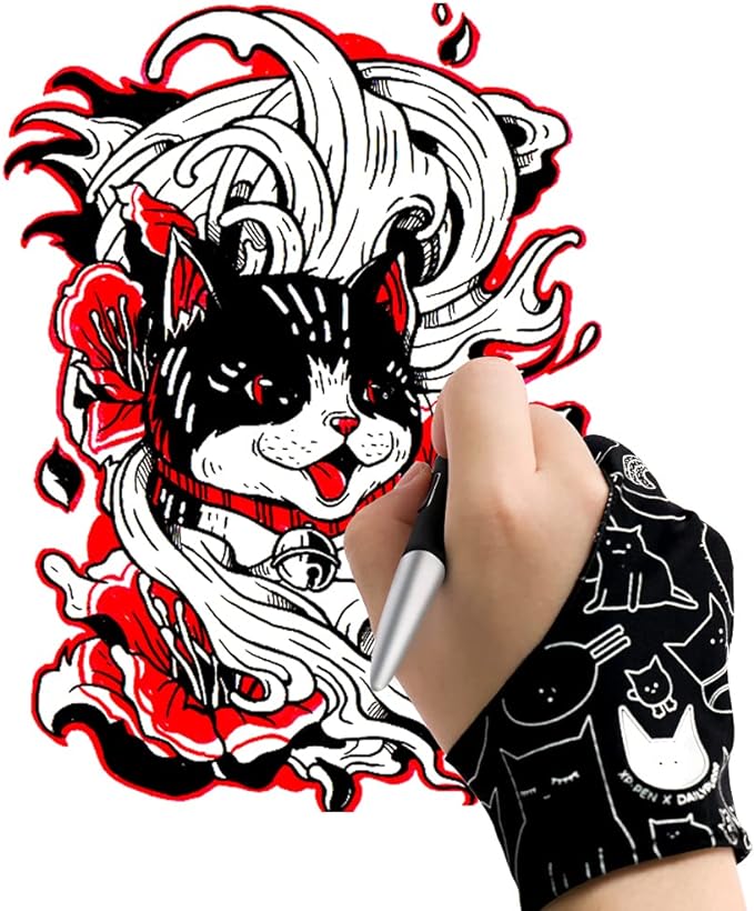 XPPen Digital Drawing Glove - Two-Finger Artist Glove with Cute Cat Print, Suitable for Right and Left Hand