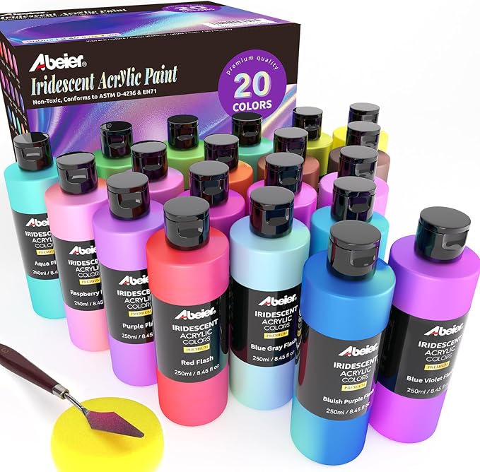 ABEIER Iridescent Acrylic Paint Set, 20 Chameleon Colors 8.45oz Non-Toxic | Non-toxic, ASTM D-4236 EN71, 8.45oz bulk, Color-shifting blendable, For rocks canvas wood fabric ceramic