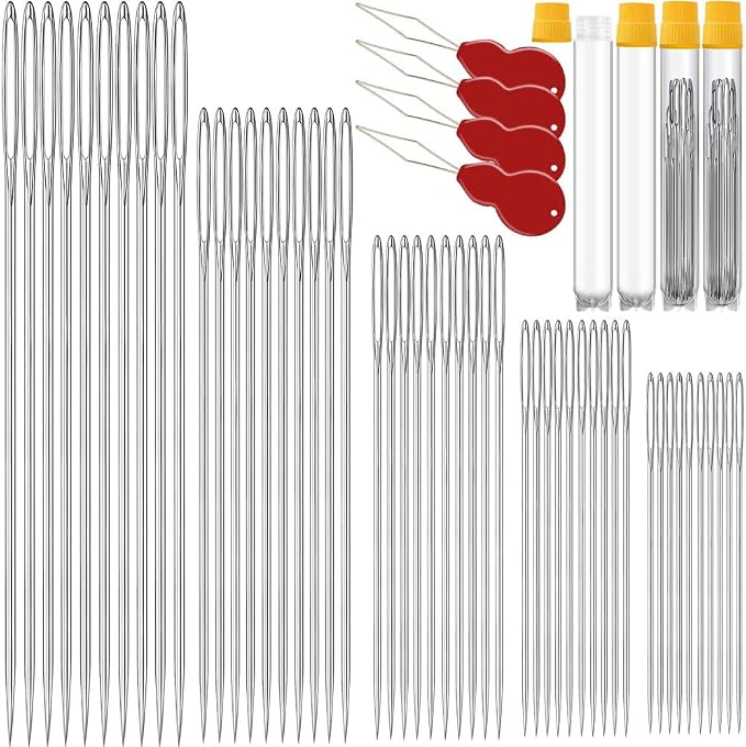 100 Pack Premium Large Eye Needles for Hand Sewing with Needle Threaders, Assorted Sizes, Embroidery Needles for Hand Sewing, Sewing Needles Large Eye, Big Eye Needle
