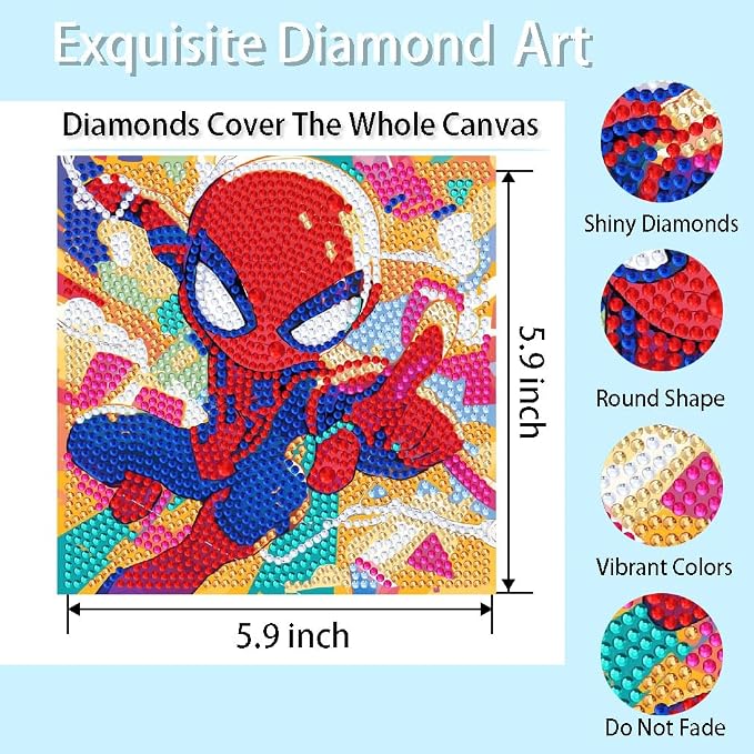Fuinkqe Diamond Art Kits for Kids,Cartoon Diamond Painting Kits for Kids with Wooden Fram,Diamond Art for Kids Ages 6-8-10-12 for Gifts and Home Wall Decor 7X7 Inch