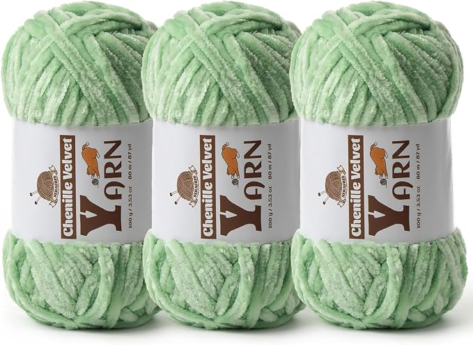 Chenille Crochet Light Green Yarn 3 Pack