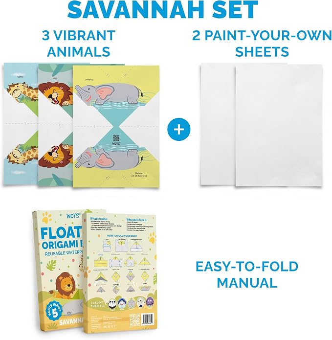 WOYS Floating Origami Boats | Savannah Set | Waterproof Premium Reusable Paper | Screen-Free DIY Arts & Crafts Activity & Gift | 5 Sheets | Bath, Pool & Indoor Play