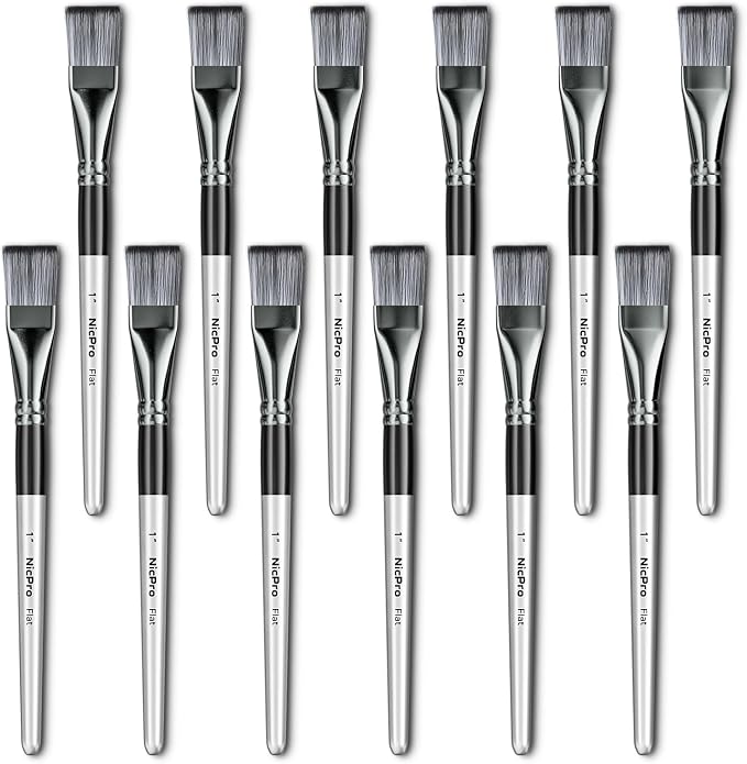 Nicpro 12pcs 1 Inch Flat Paint Brushes for Acrylic Painting, Large Paint Brushes Bulk for Acrylic Watercolor Oil, Artist Paint Brush Set for Canvas Painting, Base Coating, Crafts, Face Body Art Adults
