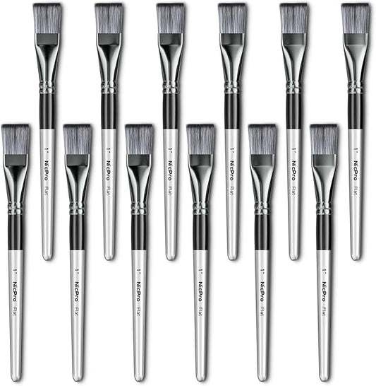 Nicpro 12pcs 1 Inch Flat Paint Brushes for Acrylic Painting, Large Paint Brushes Bulk for Acrylic Watercolor Oil, Artist Paint Brush Set for Canvas Painting, Base Coating, Crafts, Face Body Art Adults