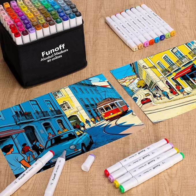 Funoff Alcohol Markers 80 Colors Fine & Chisel Dual Tip Art Marker Set | Permanent Coloring Markers with Carrying Case for Adult Coloring Drawing Sketching Illustration