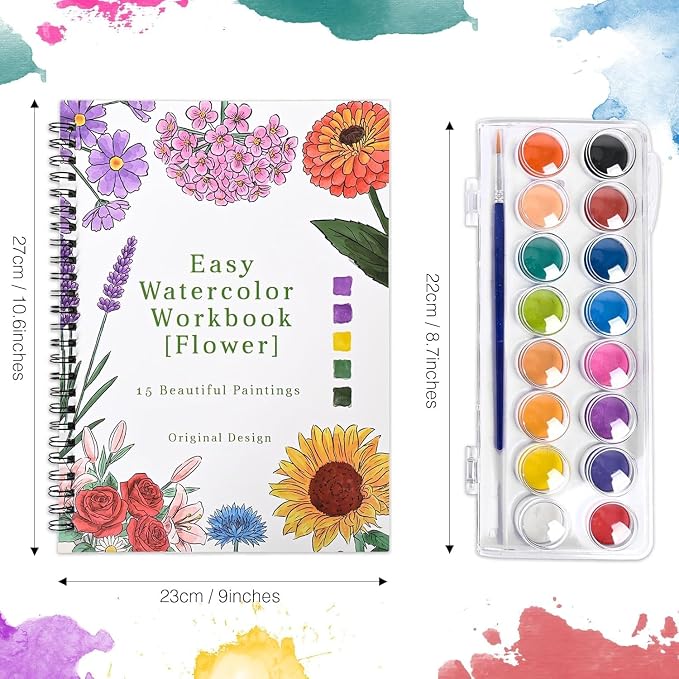 Watercolor Workbook for Beginner,15 Flower Patterns of Original DIY Designs,16 Colors Watercolor Paint Set with Brush Palette,Beginner-Friendly Water Color Workbooks,Water Coloring Book for Adults