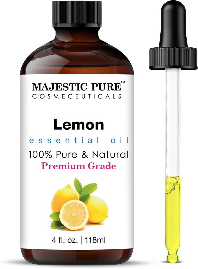 Majestic Pure Lemon Essential Oil for Diffuser - 4 Fl Oz | 100% Pure & Natural Essential Oils Ideal for Aromatherapy, Massage, Soap and Candle Making, Massage, Lemon Oil