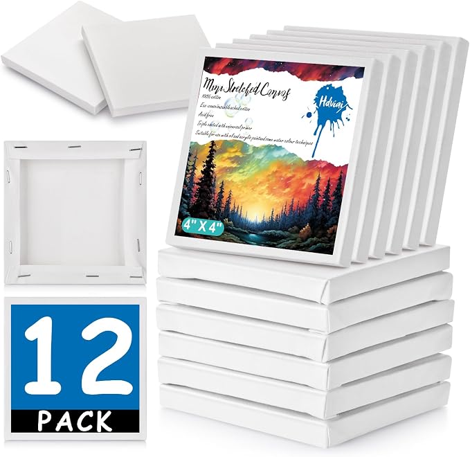 12PCS Mini Canvases for Painting – 4 x 4 in Bulk Small Square Stretched Canvases, 2/5 in Thick Blank Canvas for Students, Art Supplies, School & Home Crafts