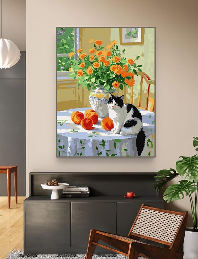 ZRIZQ Paint by Numbers Kit for Adults Beginner,Flowers and Cat,16x20