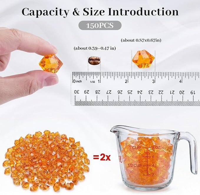 DOMESTAR Orange Fake Ice Rocks, 150 PCS Acrylic Crystal for Vase Fillers