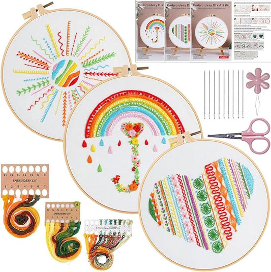 Konrisa Easy Embroidery Kit for Beginners Stamped Embroidery Starter Kit DIY Sewing Needlepoint Cross Stitch for Adults, Stitch Practice Kit 3 Embroidery Fabric Pattern