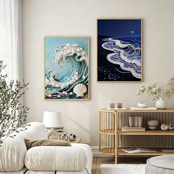 4 Packs Pearl Diamond Painting Kits for Adults Waves Sailboats 12 x 16 inch | Sea Wave Design, Diamond Art by Numbers, Special Shape Pearl Dots, DIY, Home Wall Decor
