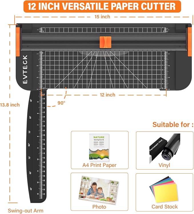 Evteck A4 Paper Cutter Slider Trimmer for Cardstock Photo Vinyl | 12 Inch, with Security Blade and Foldable Ruler, for Crafting Scrapbooking