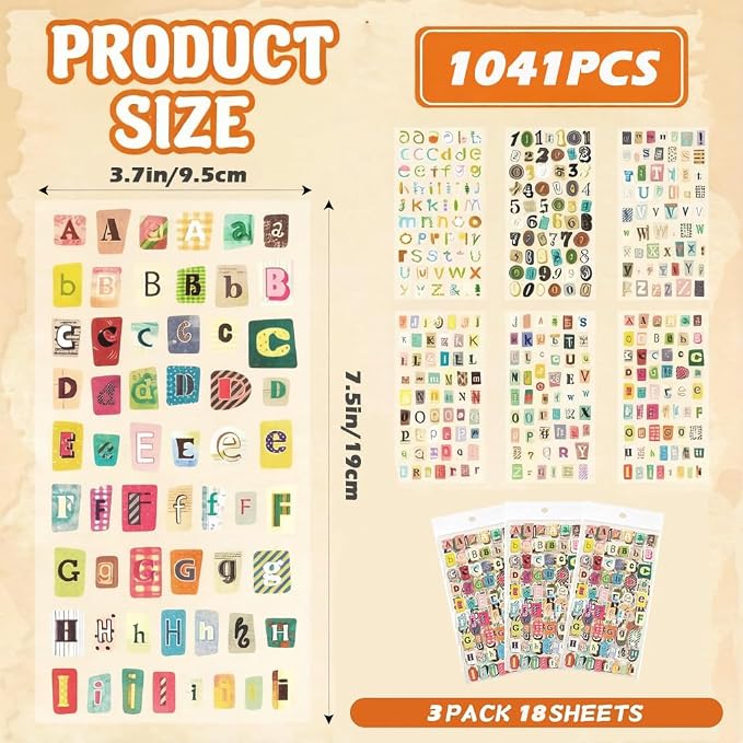 1041PCS Vintage Stickers, 18 Sheet Scrapbook Stickers Graffiti, Cute Vintage Letters Numbers Self Adhesive Decals Scrapbooking Supplies for Diary DIY Art Album Paper Crafts (1041PCS)