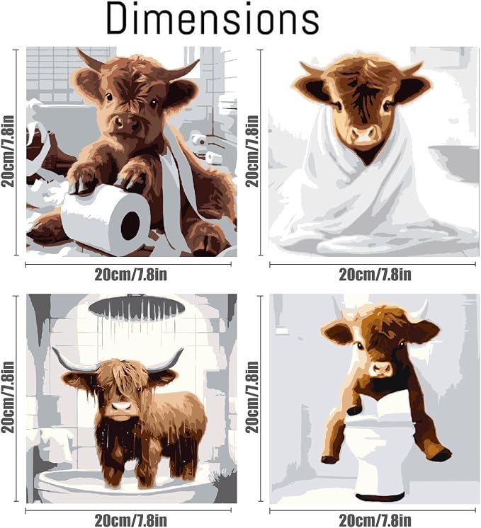 Canrichshop 4 Framed Highland Cow DIY Paint by Numbers Kit for Adults Beginner,Naughty Cow Easy Paint by Number on Canvas with Frame,Acrylic Painting Kit Adult for Decor 8x8inch
