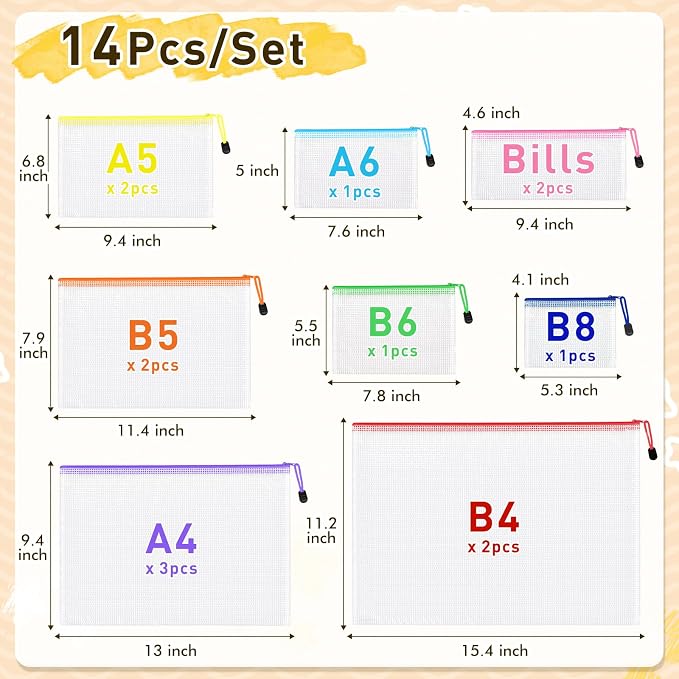 PAPEJOON 14pcs Mesh Zipper Pouch Bags, 8 Sizes Plastic zippered Storage Bags for Organizing, Clear Pouches with Zipper, Waterproof Mesh Pouch for Office Supplies, Home Organize, Travel Storage