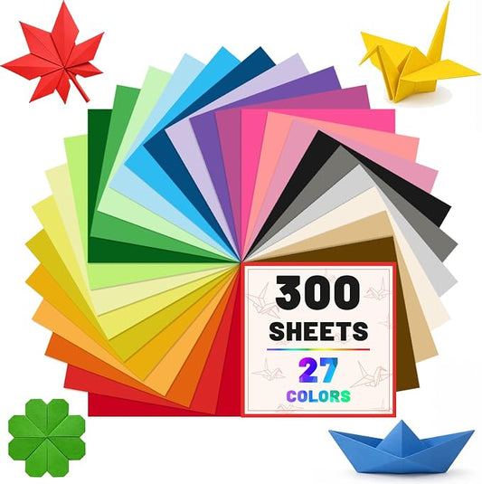 300 Sheets Origami Paper, 27 Colors, 6x6 Inch Square Paper | Double Sided Colored Origami Paper 6x6 for Kids Crafts, DIY Folding, Scrapbooking, School Art Projects
