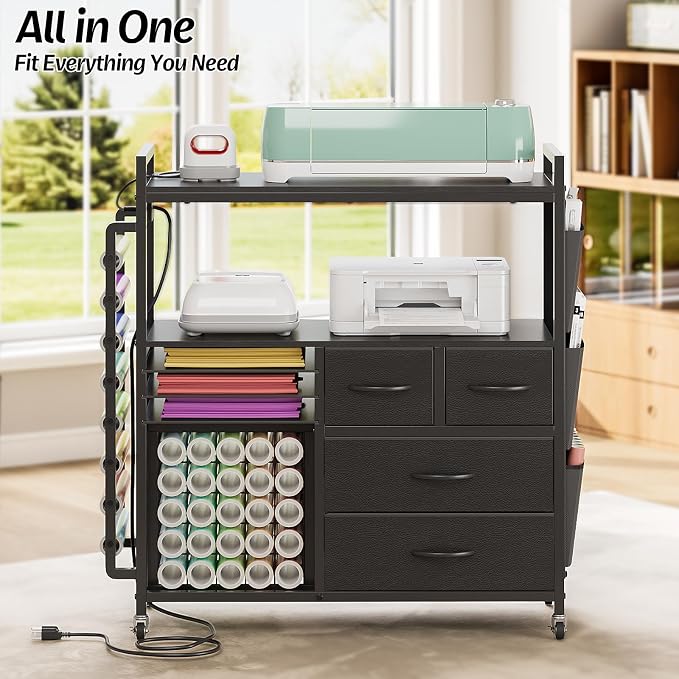 VENNQD Large Craft Organizer and Storage Rolling Cart Compatible with Cricut Machine with Fabric Drawers Vinyl Roll Holder Accessories for Home Craft Workstation Room (Black)
