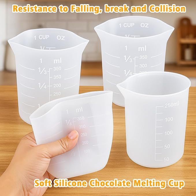 Palksky Silicone Cups for Melting Chocolate, 4PCS Silicone Measuring Cups with 250 & 350ml Capacity, Reusable Baking Supplies for DIY Chocolate Molds