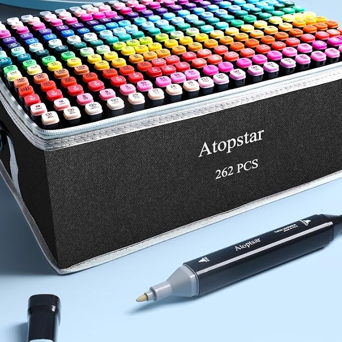 ATOPSTAR 262 Colors Alcohol Markers for Artist Drawing - Dual Tip Art Markers for Adult Coloring Painting Supplies (262 Black Shell)