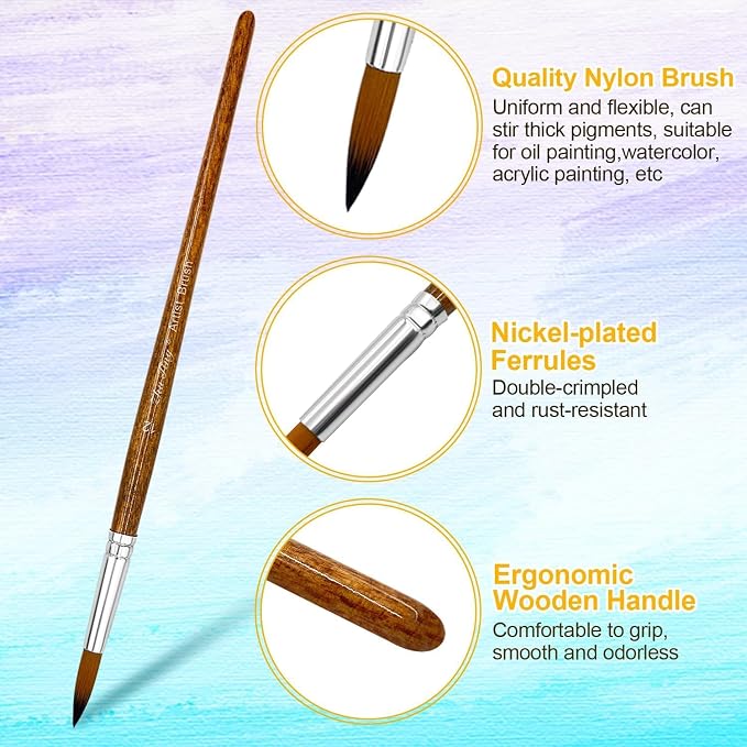 Paint Brushes Set, 12 Pcs Watercolor Brushes with Wooden Handle and Soft Nylon Hair Pointed Round Tips Artist Brushes for Acrylic Oil Watercolor Gouache (Brwon)