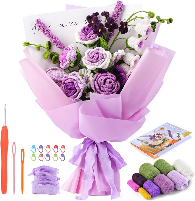 Iuuidu Crochet Kit for Beginners, Flower Bouquet Crochet Kit Rose Purple
