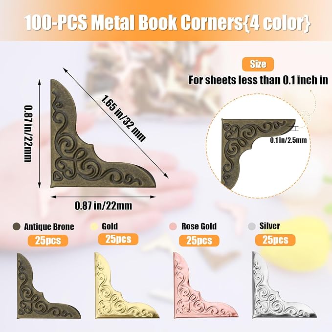 Olldag 100 PCS Metal Book Corners Protectors for Photo Albums Scrapbooking