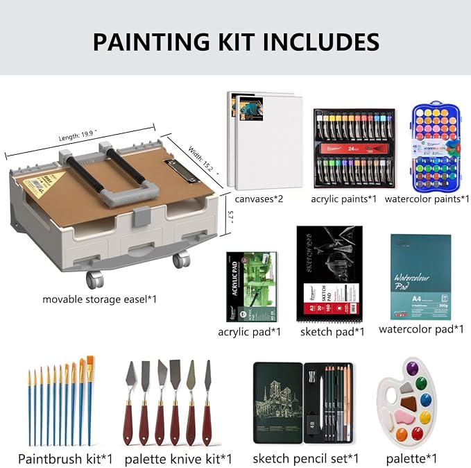 Art Painting Kit with Mobile Storage Easel, Acrylic Watercolor Oil Paint Set, All-in-One Drawing Art Supplies with Brushes Canvas for Beginners Adults Artists