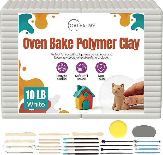 CALPALMY Oven Bake Polymer Clay 10lb with Tools Kit, White Sculpting Material for Modeling & Crafts, Soft Until Baked, Non-Toxic DIY Clay for Figurines, Miniatures, Jewelry & Pottery Projects