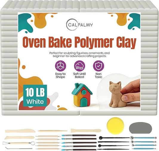 CALPALMY Oven Bake Polymer Clay 10lb with Tools Kit, White Sculpting Material for Modeling & Crafts, Soft Until Baked, Non-Toxic DIY Clay for Figurines, Miniatures, Jewelry & Pottery Projects