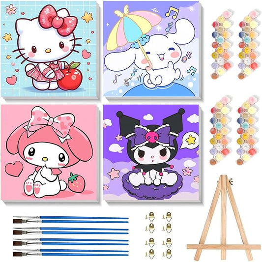 4 Pack Cartoon Paint by Numbers Kit for Kids with Frame - Wooden Easel | Cute Kids Paint by Numbers Ages 4 8 12, Easy DIY Acrylic Oil Painting for Gift Home Wall Decor (8x8 inch)