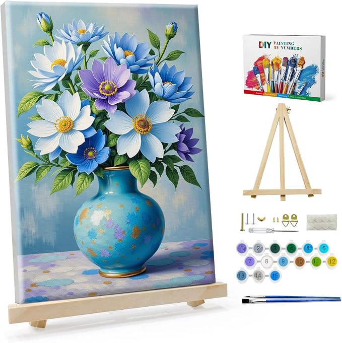 SparkGlow Flowers Paint by Numbers Kit for Adults with Frame, 8×12 Inch | Include Easel, Premium Materials, Number Painting for Gift, Home Decoration, Relaxing and Joyful Activity
