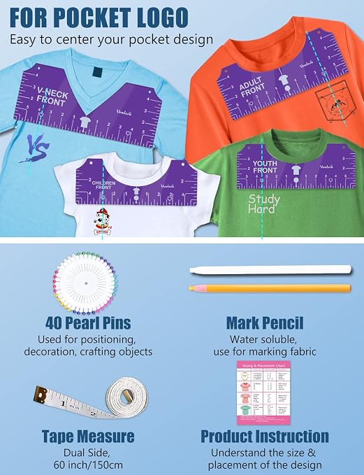 Vowlove T-Shirt Alignment Ruler for Shirt Design Placement and Heat Press | Front and Back Placement Guide for Cricut Accessories, Iron-On Vinyl, Dtf Transfers Ready to Press and Sublimation Printers
