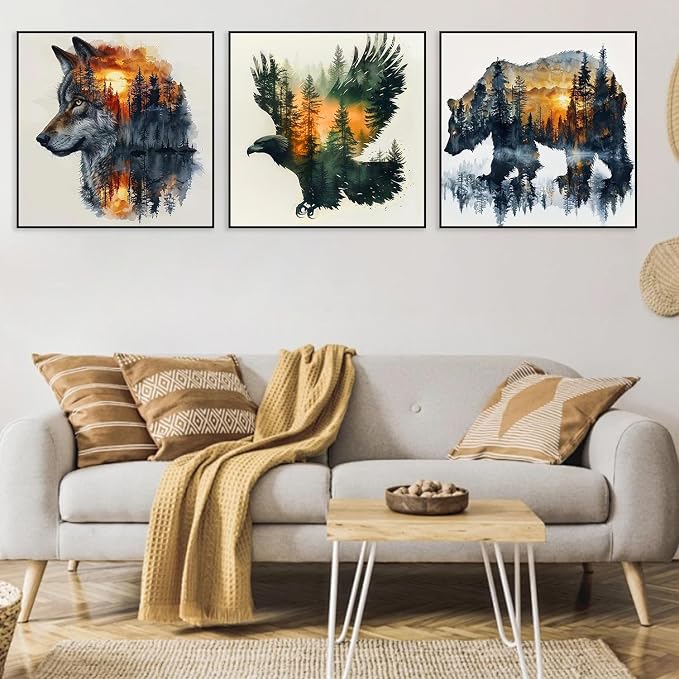 3 Pack Framed Paint by Numbers for Adult with Easel Wild Animals (8x8in) | Wolf Bear Eagle Paint by Number on Canvas Oil Painting Kit with Brushes, Easy Adults' Paint-by-Number Kits for Home Decor