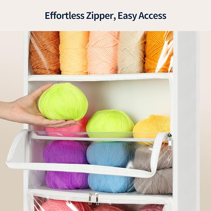 Yecaye Hanging Yarn Storage Organizer with 5 Zippered Closure Compartments, Stuffed Animal Storage with Clear PVC, Dustproof Yarn Holder for Crocheting Storage, Matte White 5 Tier with 1 Handbag