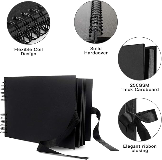EVNEED 11.5 x 8.5 Inch Scrapbook Photo Album,Wedding Guest Book Anniversary Memory Scrapbooking,Wedding Photo Album with DIY Accessories Kit for Craft Paper DIY,80 Pages (40 Sheets),Black