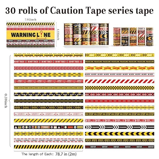 icceemee 30 Rolls Warning line Theme Washi Tape Set, Writable Decorative Tapes for Scrapbooking, Junk Journal Supplies, Bullet Journaling, 0.6"x79" per Roll
