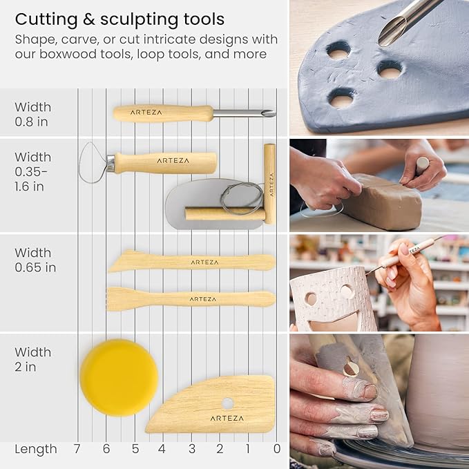 ARTEZA Pottery & Sculpting Tools, 42-Piece Clay Tools Set with Wooden Handles & Steel Tips for Polymer Clay, Ceramics, Carving, Modeling, Shaping & Smoothing | Wooden Handles, Steel Tips, Loop, Ribbon, Shaping and Detailing Tools, For Ceramics, Carving...