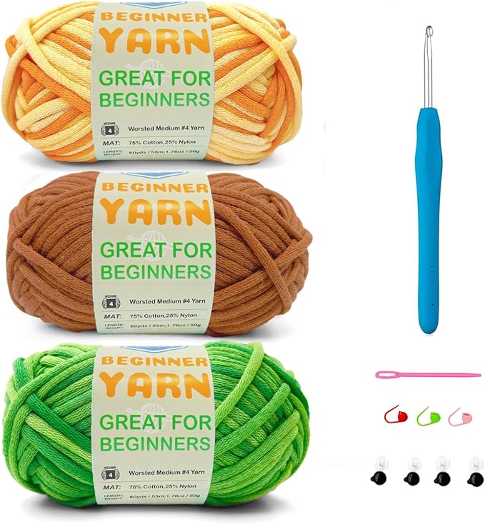 3 * 50g/1.76oz Yarn for Crocheting and Knitting, 3 * 60yds Beginner Yarn with Easy-to-See Stitches; Worsted-Weight Medium #4;Amigurumi-Friendly Crochet Kit(Water Melon+Coffee+Sunflower)