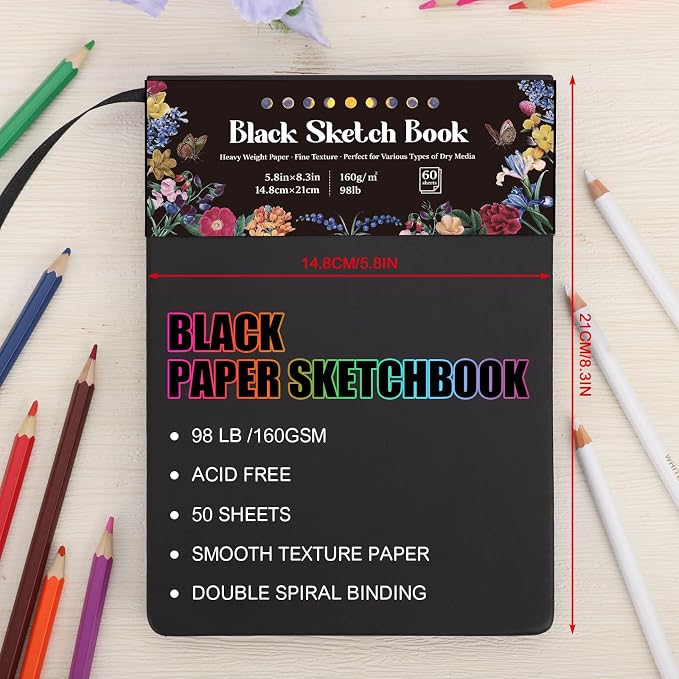 160gsm Black Paper Sketchbook 5.8 × 8.3 in, 50 Sheets Black Paper Notebook