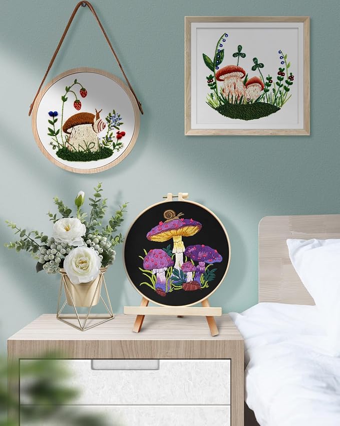 Embroidery Kit for Adult, 5 Sets Mushroom Embroidery Kit for Beginners | Include Embroidery Cloth Hoops Threads for Craft Lover Hand Stitch with Embroidery Skill Techniques