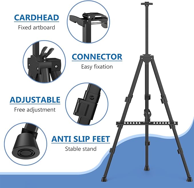 Art Painting Display Easel Stands - Portable Adjustable Floor Artist Easels | Aluminum Metal Tripod Black Stands with Bags, Sturdy for Table-Top/Floor Painting, Drawing, Displaying - Black 4 pack