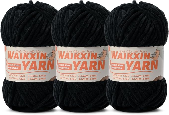 （3 Black） 3 Pack Super Soft Fuzzy Chenille Chunky Yarn for Crocheting, 300g (261yds) Velvet Fluffy Amigurumi Yarn for Hand Knitting Baby Blankets Weaving Craft