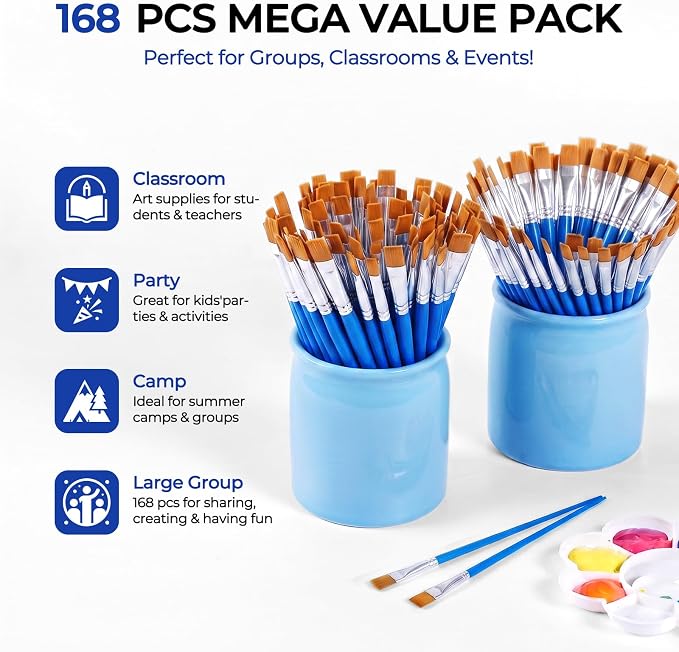 Smallbudi 168 PCS Small Paint Brushes Bulk, Flat Tip Acrylic Paint Brushes