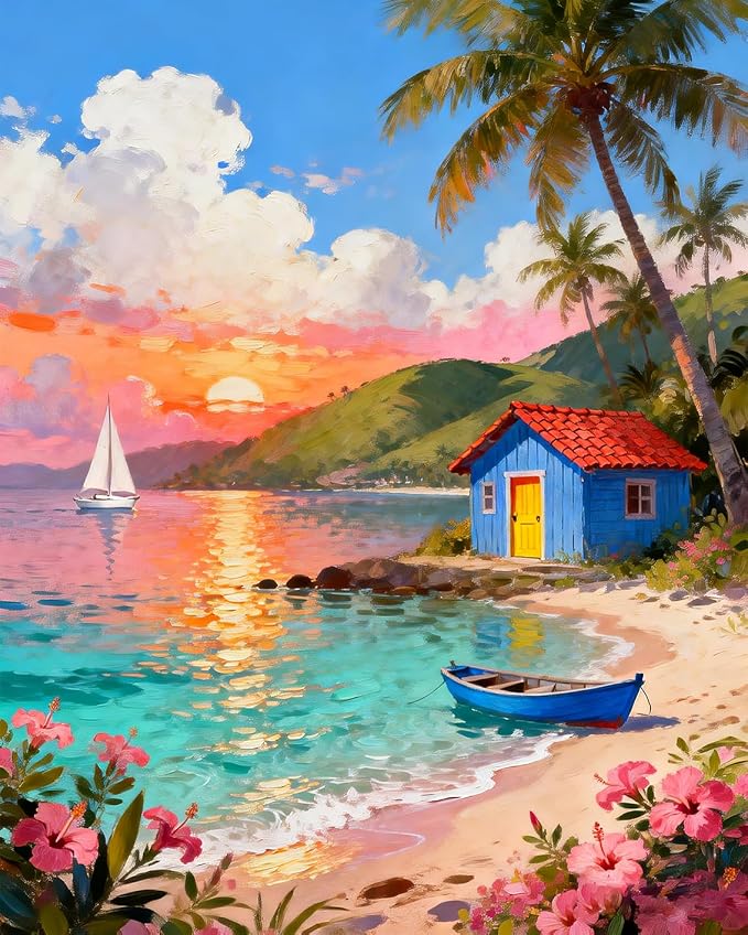 MIRCVSH Scenery Paint by Numbers Kit for Adults Beginner,Beach Cottage Landscape Paint by Number Kits on Canvas,DIY Unframed Acrylic Watercolor Painting by Number for Home Decor Gift 16x20 Inch.