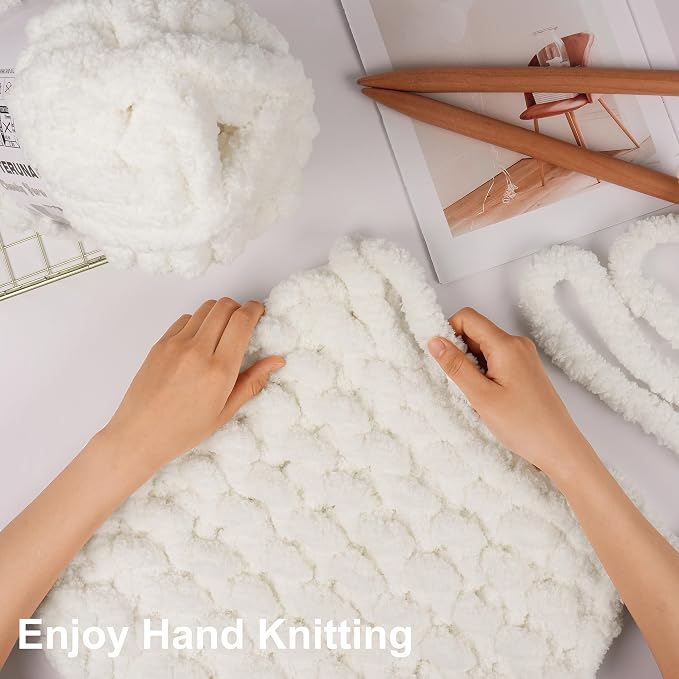 Chunky Yarn for Hand Knitting, #10 Chunky Blanket Chenille Yarn, Large Bulky Thick Jumbo Yarn, Super Chunky Knit Yarn for Crocheting, 8 Skein (8 oz 22 yds Each Skein), Cream