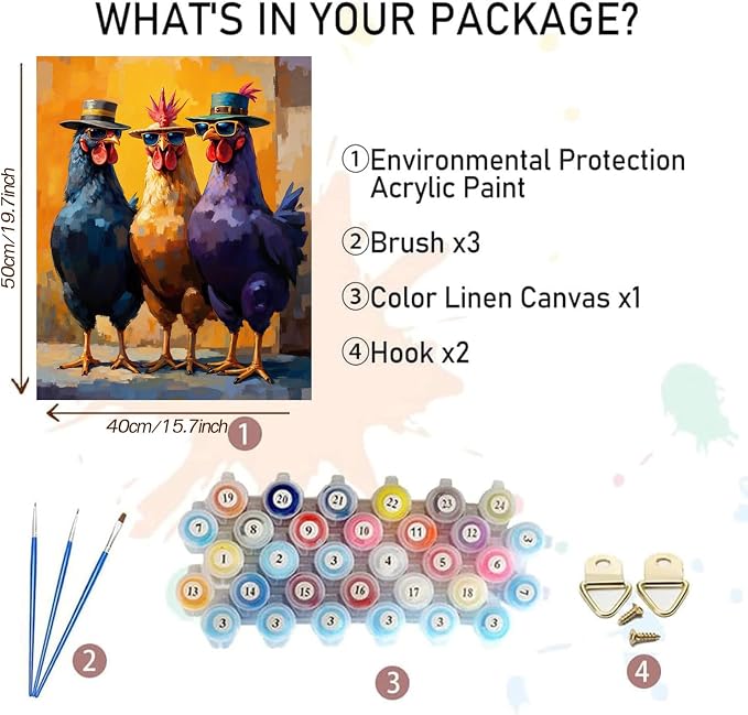 MBNTJHT Chicken Paint by Numbers Kit for Adults on Canvas,DIY Unframed Watercolor Painting Kit for Adult Beginners,Animals Acrylic Paint by Number Kits Craft for Home Wall Decor 16X20 Inch.