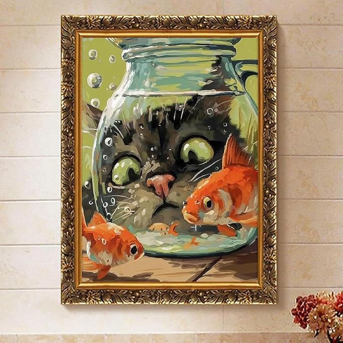 Fairyland JinWenn Curious Cat Fish Paint by Numbers Kit for Adults Framed Canvas Frameworkless