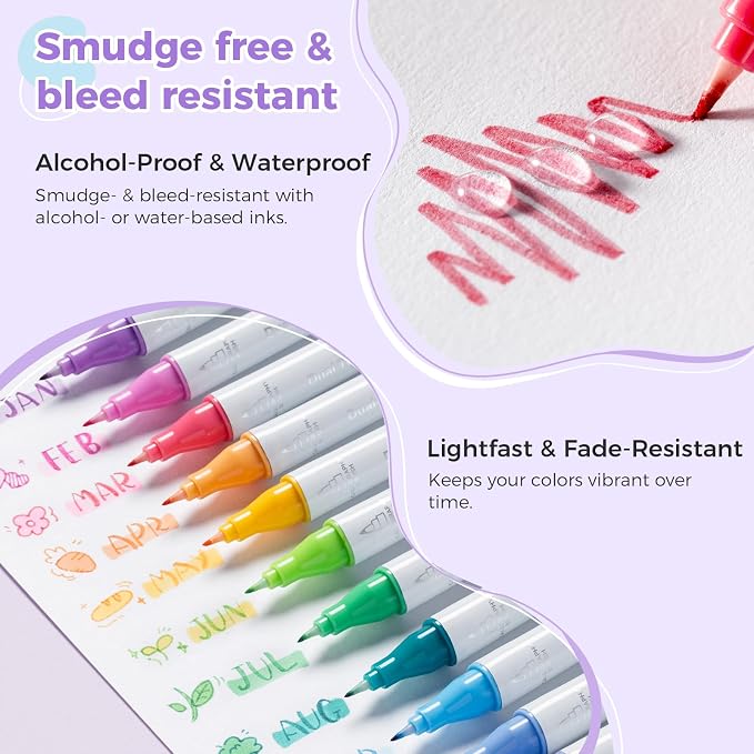 Ohuhu 12 Colors Brush & Fineliner Dual Tips Colored Drawing Pens for Adults